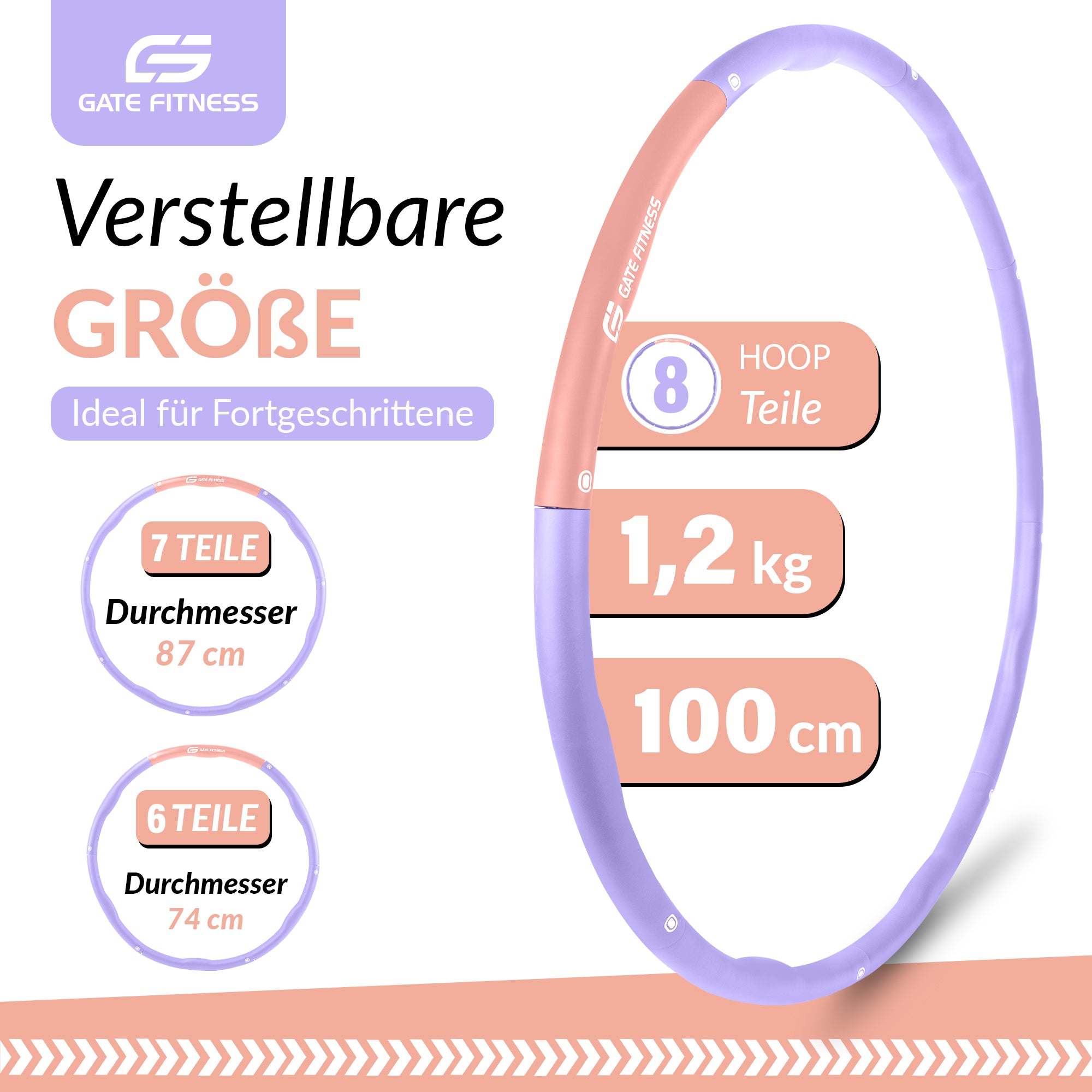 GATE FITNESS® Hula Hoop Reifen 1,2 kg für Anfänger & Fortgeschrittene (Violet/Pink) - Gate Fitness