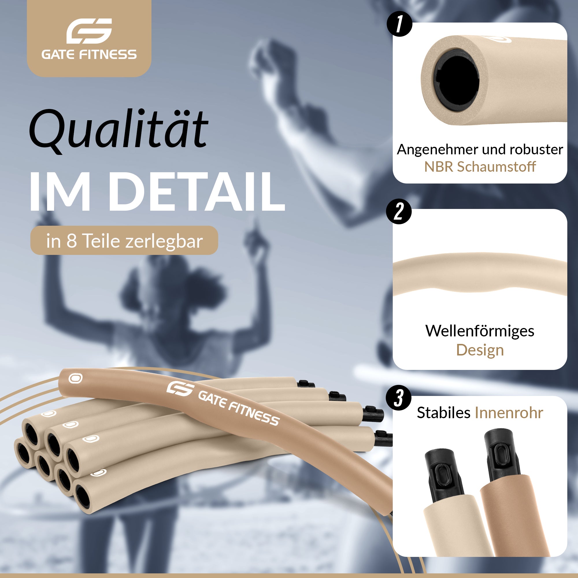 GATE FITNESS® Hula Hoop Reifen 1,5 kg für Anfänger & Fortgeschrittene (Beige) - Gate Fitness