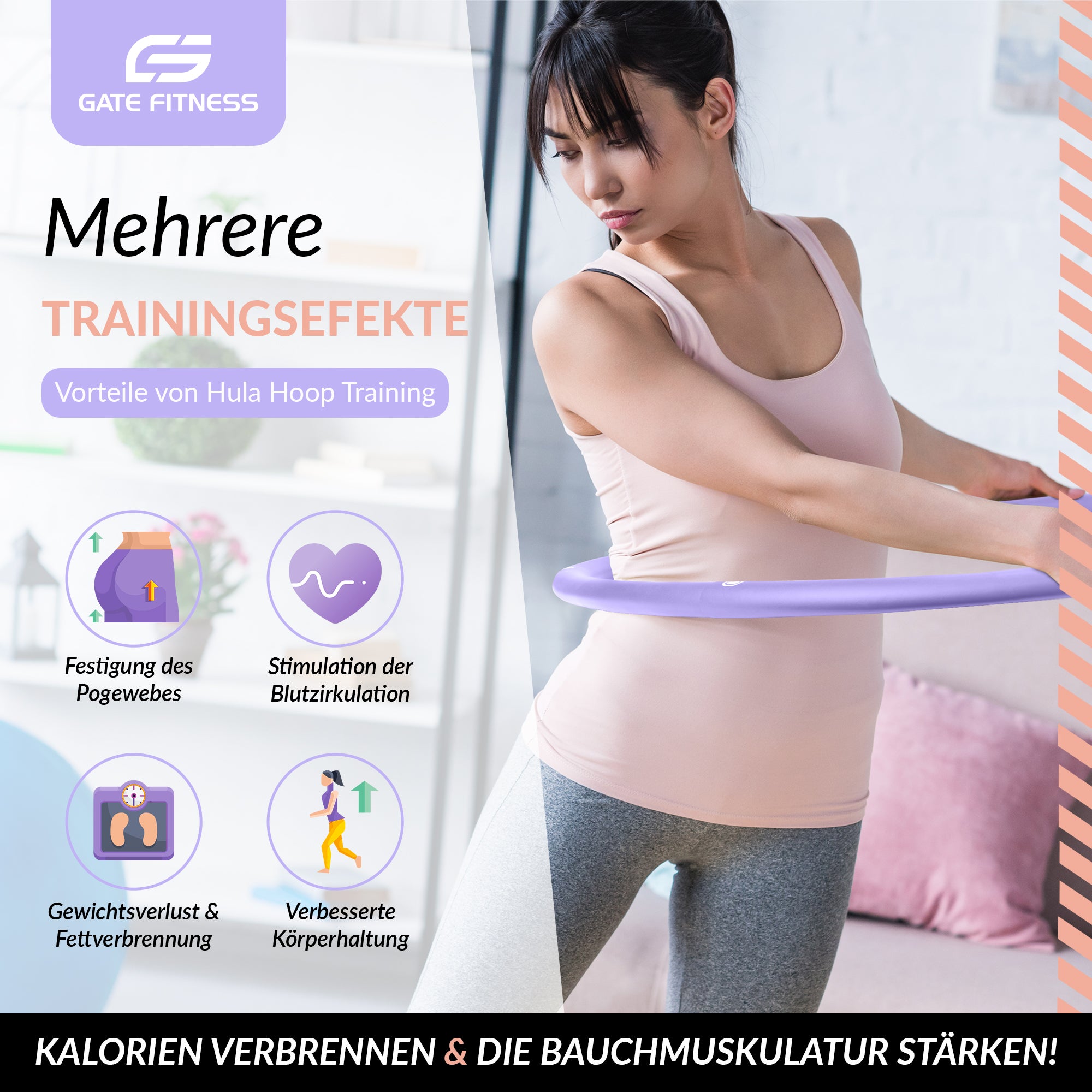 GATE FITNESS® Hula Hoop Reifen 1,2 kg für Anfänger & Fortgeschrittene (Violet/Pink) - Gate Fitness